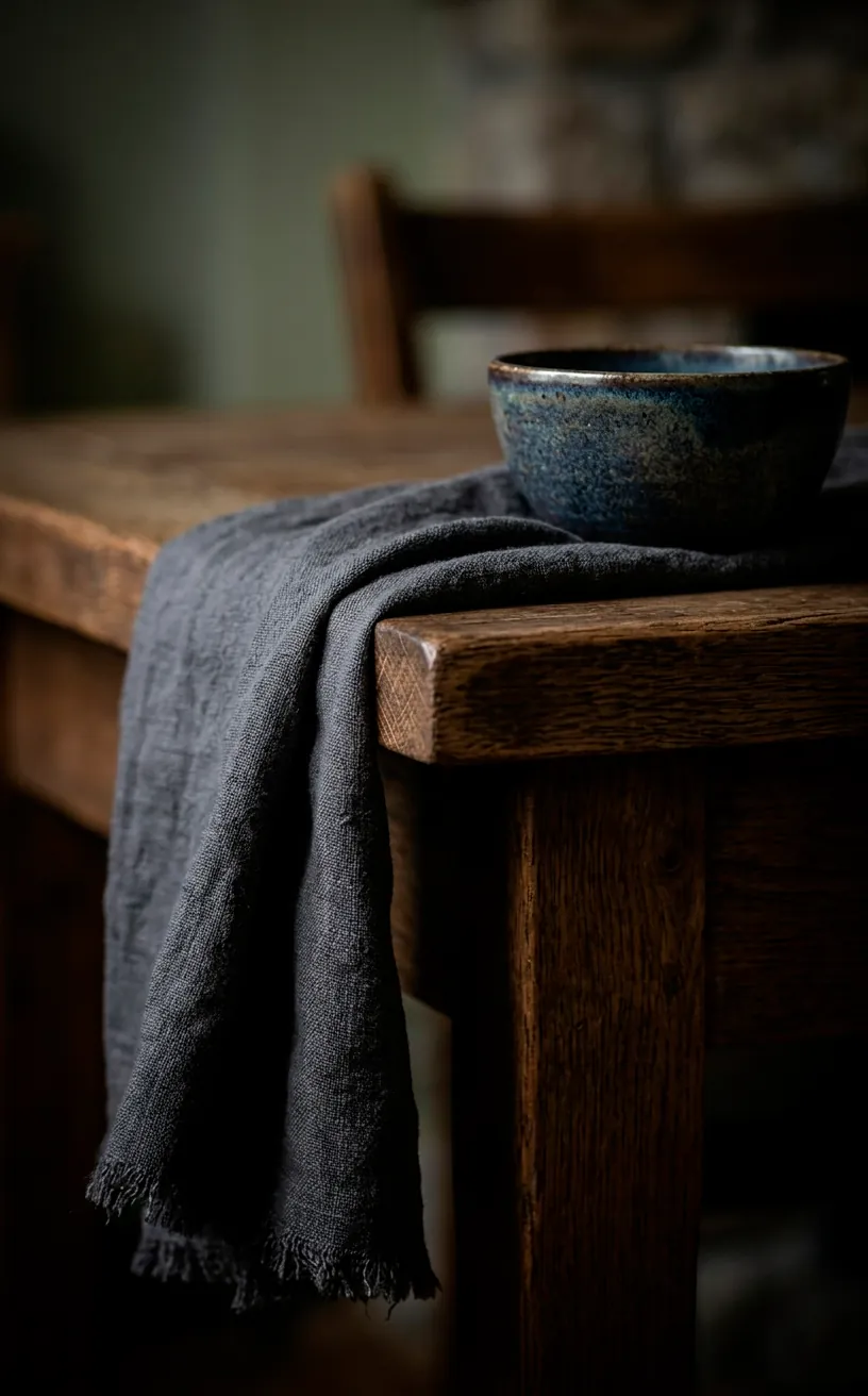 Close-up of a charcoal grey textured linen table runner with raw frayed edges.