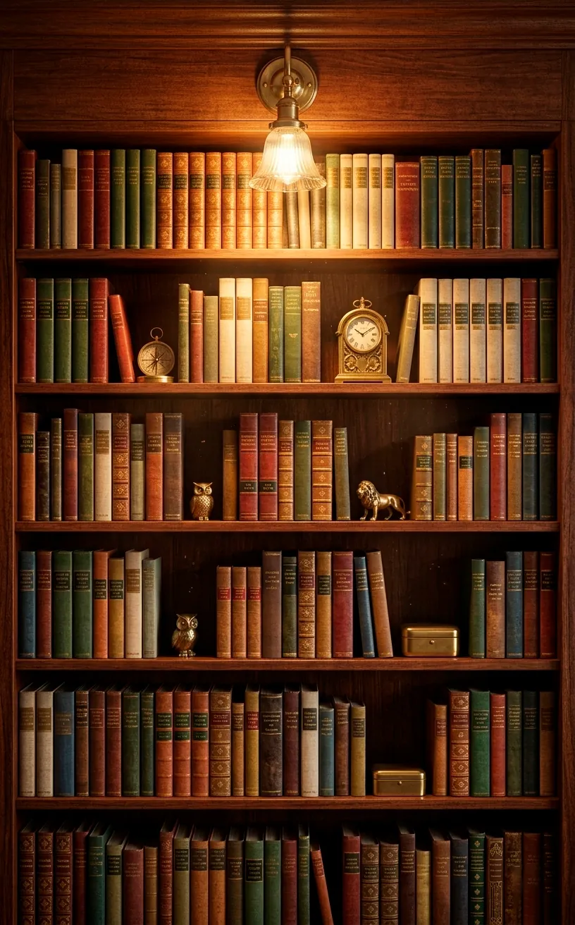 Close-up of a dark navy bookshelf with a brass library sconce and neatly arranged book spines.