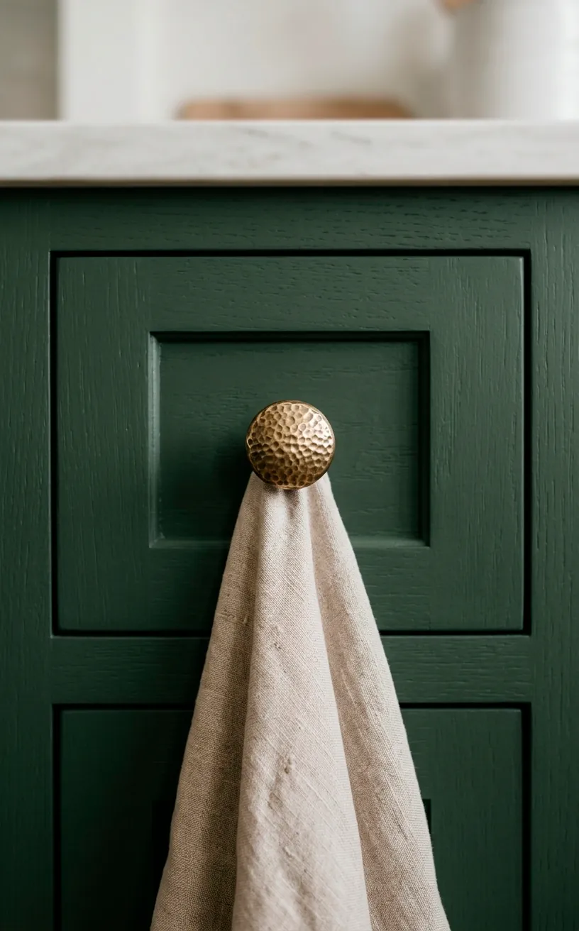 Close-up of a hammered brass knob on a forest green kitchen drawer with a soft linen towel.