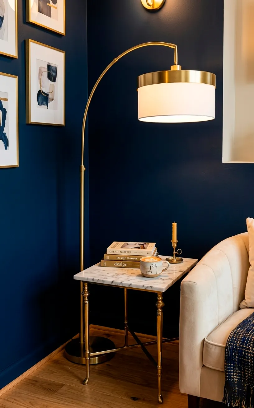 Navy blue accent wall with a modern gold floor lamp and side table.