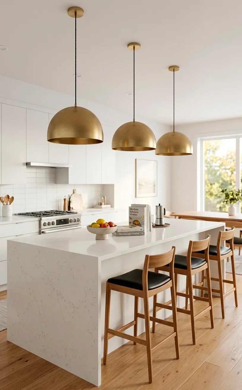 Three large matte brass dome pendant lights hanging over a white quartz kitchen island.
