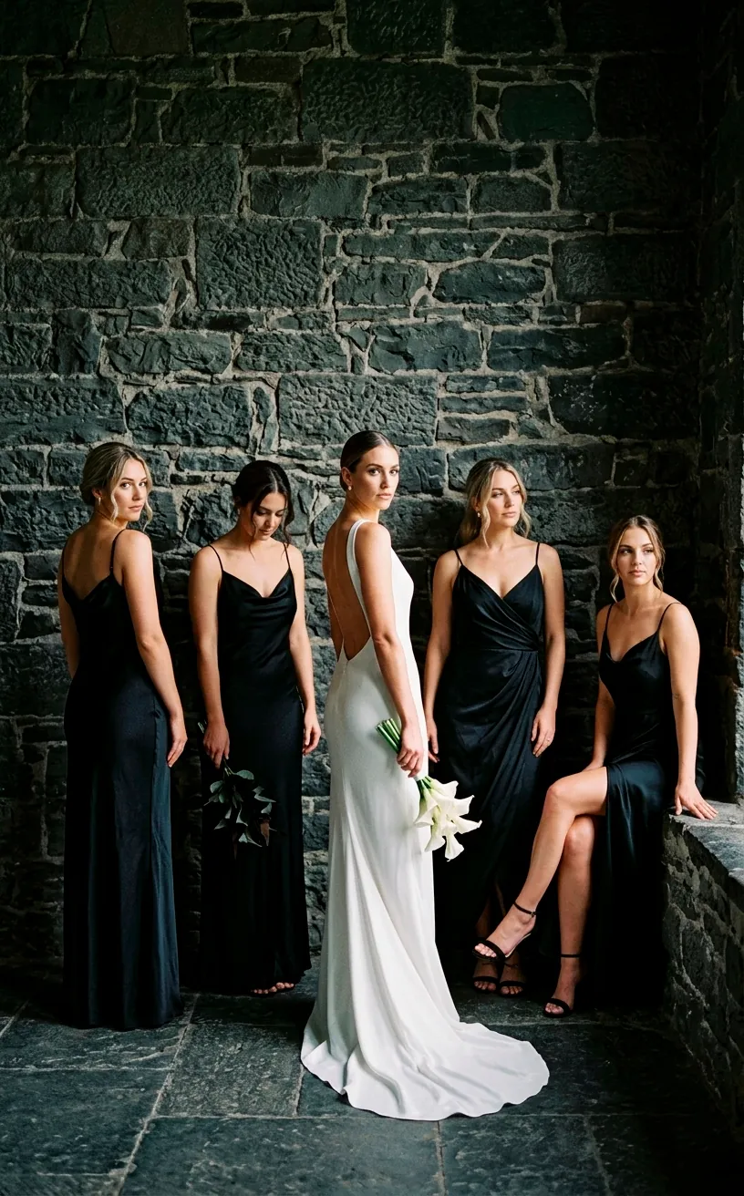 Minimalist bridal party in black and white attire against a charcoal stone background.