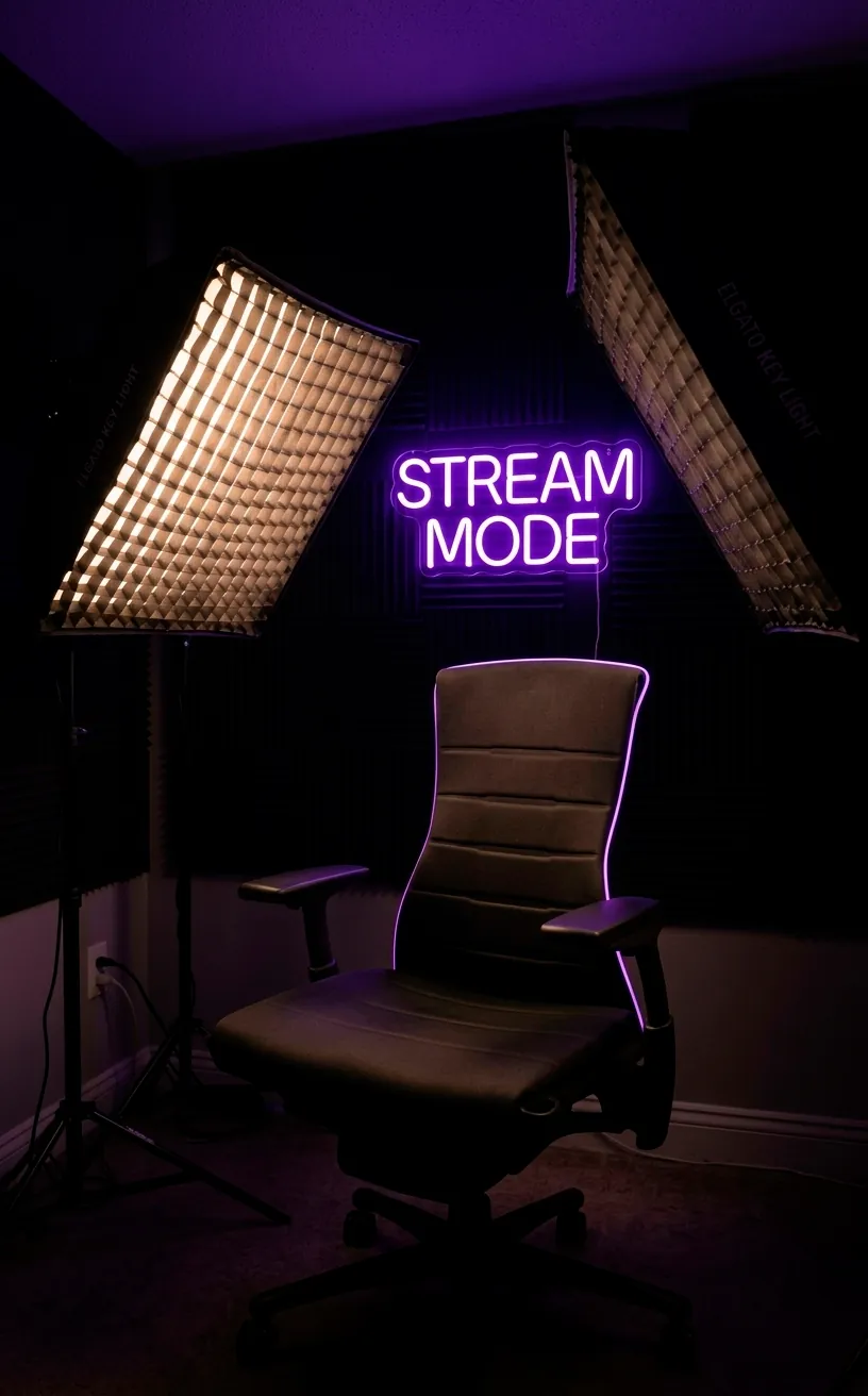 Professional studio lighting setup with LED panels and softboxes in a home office.