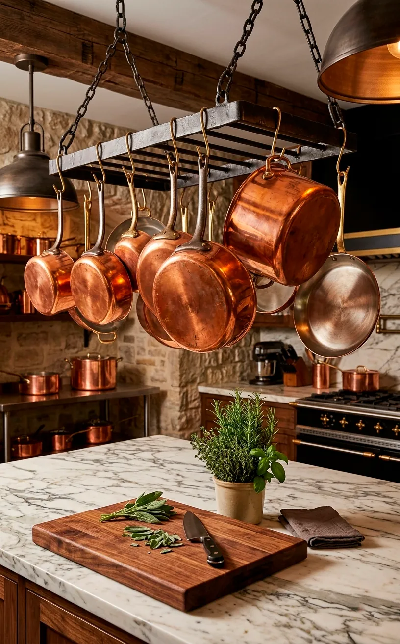 Collection of professional copper pots and pans hanging from a rack in a luxury kitchen.
