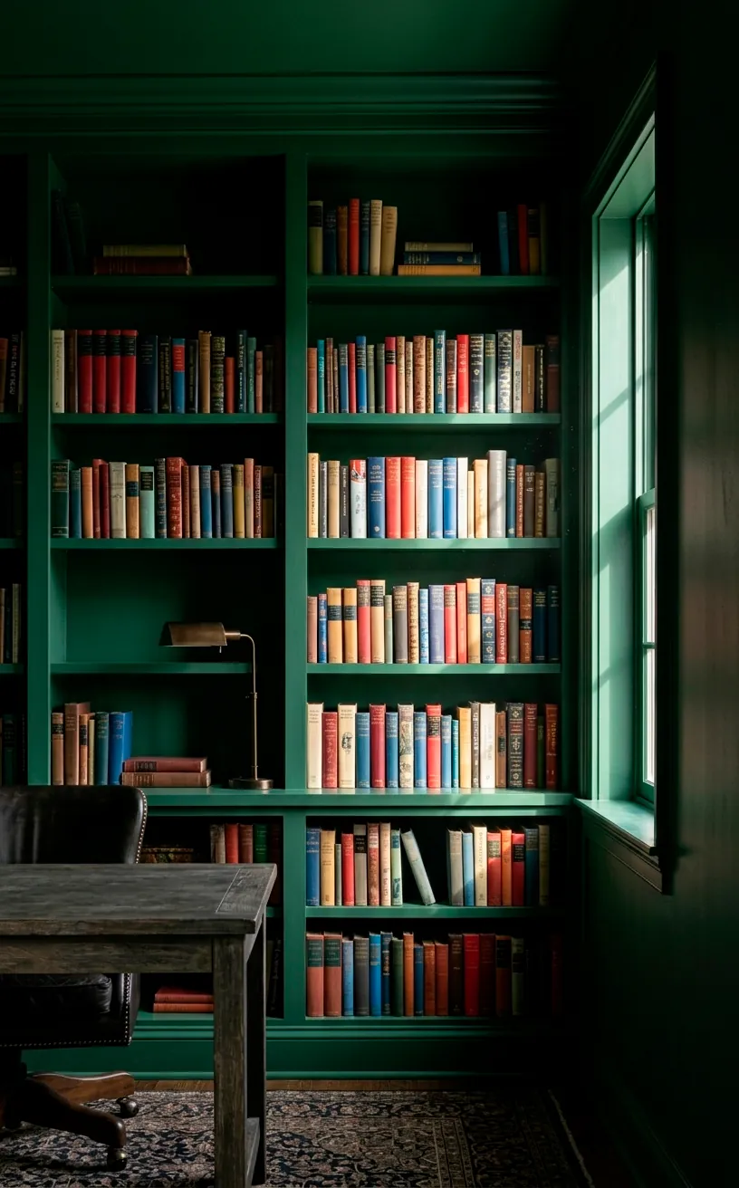 Small room with forest green color-drenched walls and matching built-in bookshelves for a seamless look.