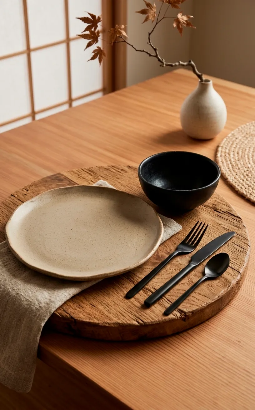 Minimalist Japandi place setting with hand-thrown stoneware plates and black cutlery.