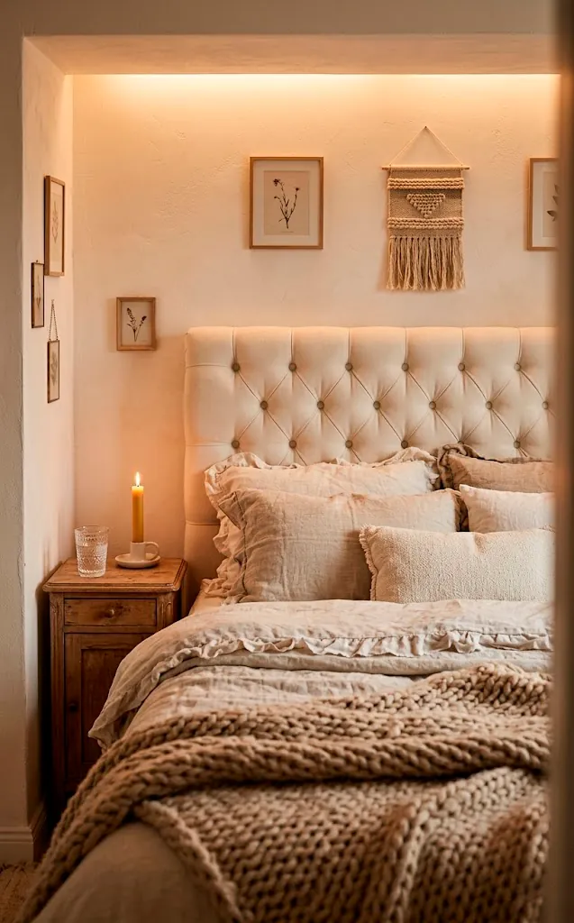 Cozy bed with a cream tufted headboard and layered linen bedding in a studio.