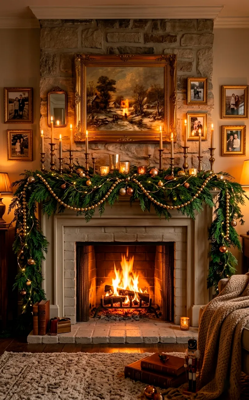 Festive fireplace mantel with emerald garland and gold brass candlesticks.