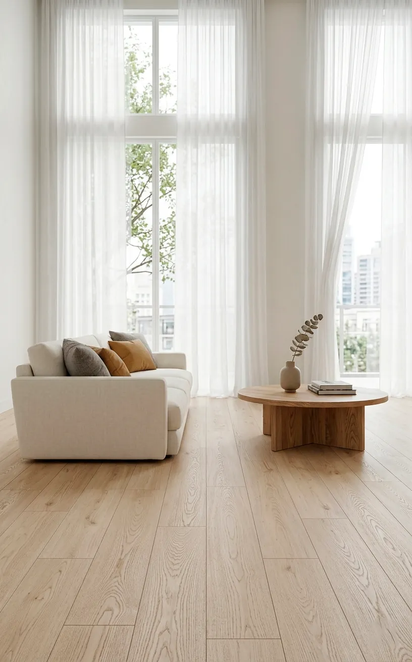 Light white oak peel and stick vinyl plank flooring in a minimalist Scandinavian living room.
