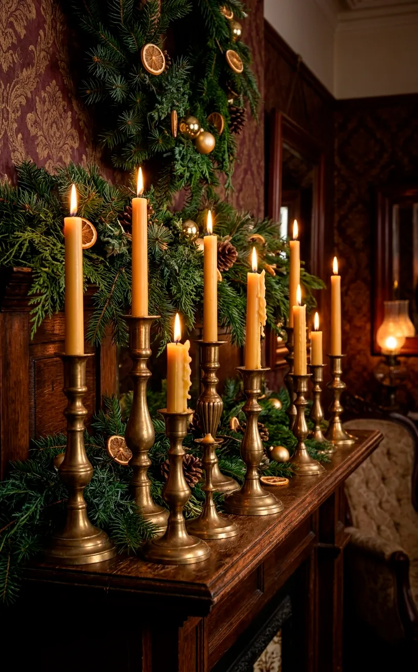 Collection of vintage brass candlesticks with lit ivory taper candles on a holiday mantel.
