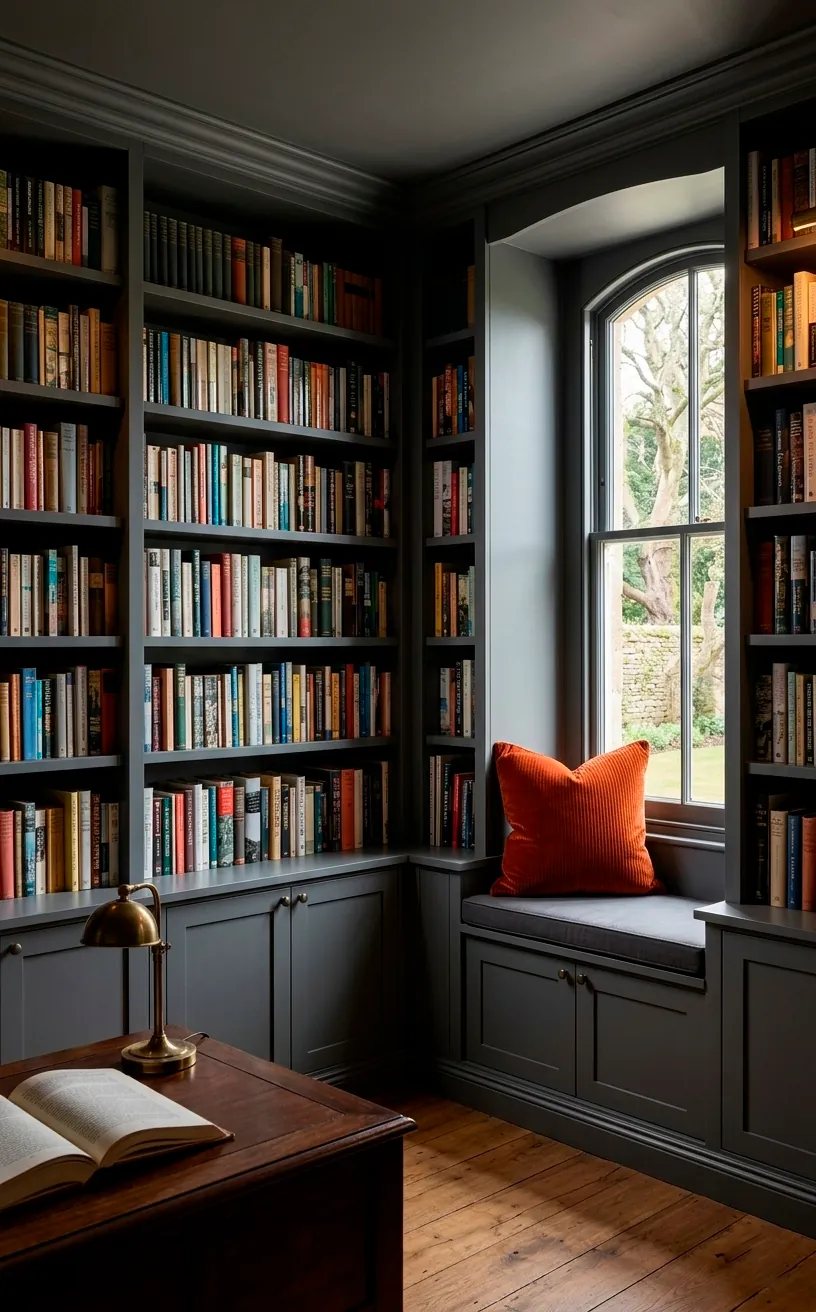 Monochromatic charcoal grey library corner with matching shelves and a pop of orange color.