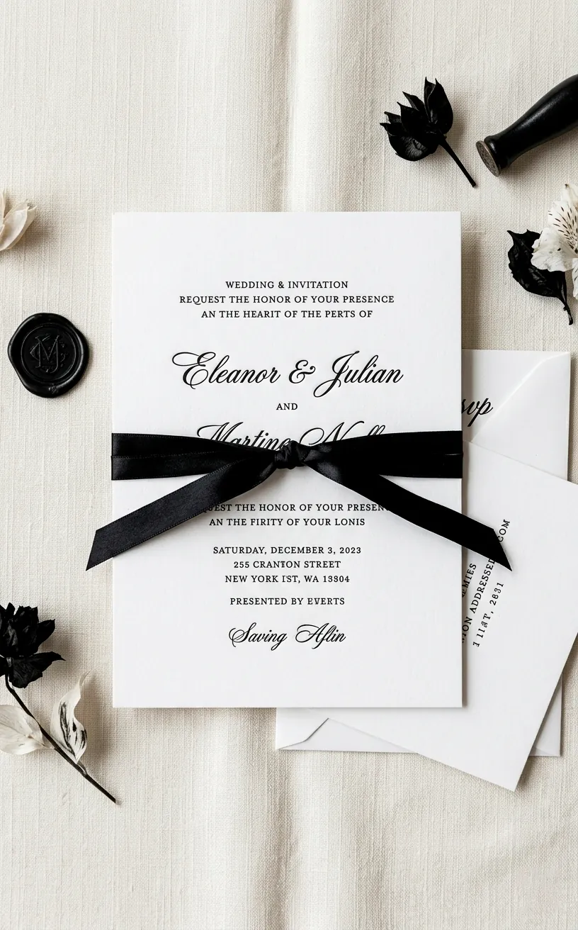 Monochrome black and white wedding invitation suite on linen texture.