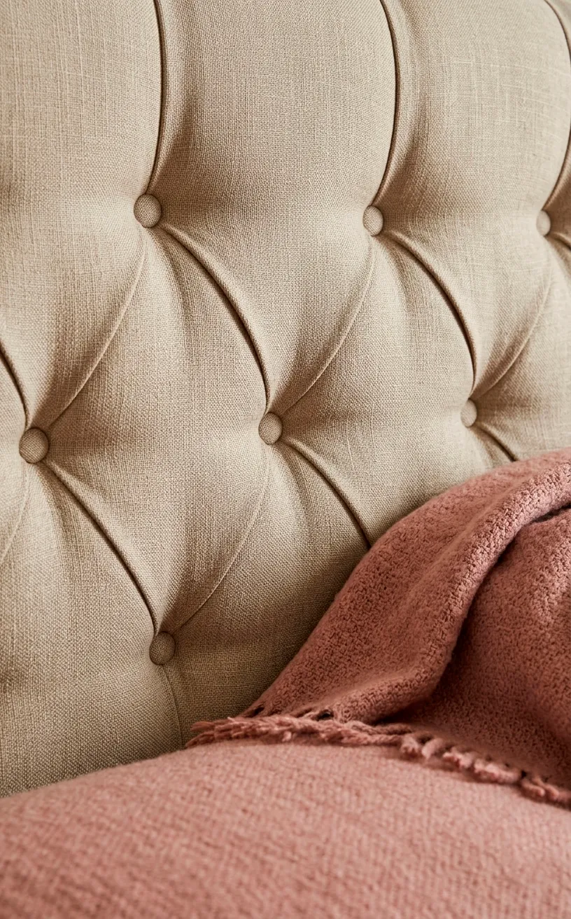 Detail of a button-tufted linen headboard with a rose-colored throw blanket.