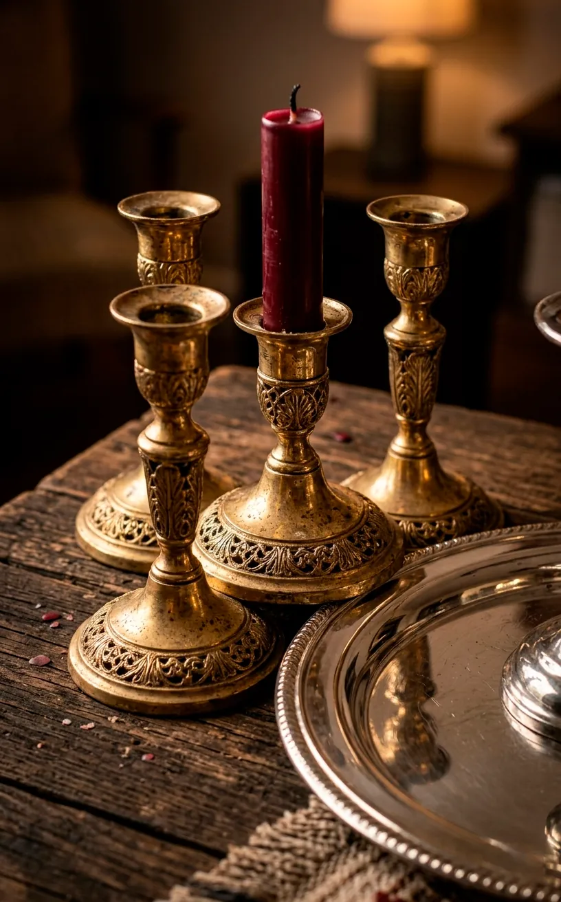 Tarnished gold candle holders with a burgundy taper candle and soft glowing light.