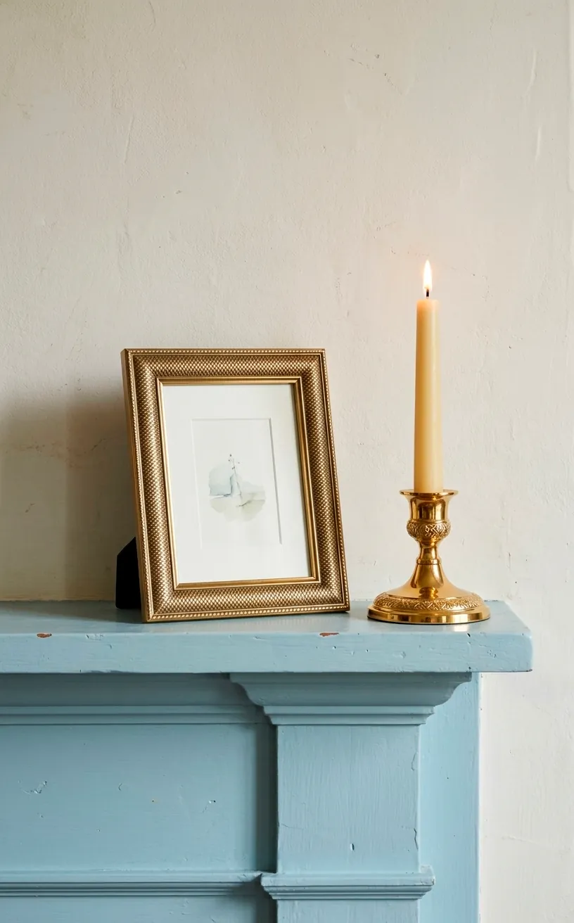 Gold and brass decor accents on a soft blue fireplace mantel.
