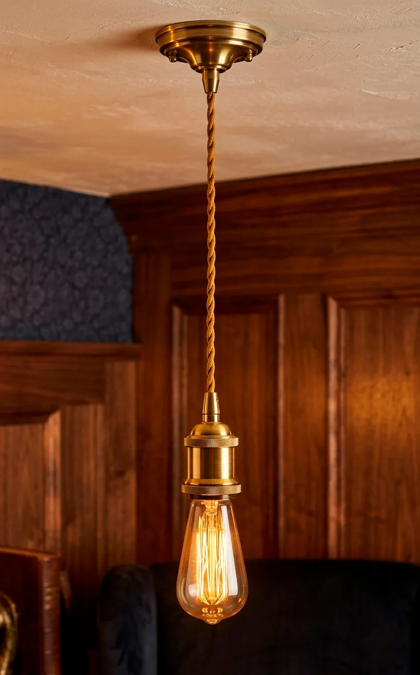 Detail shot of a brass pendant light fixture with a warm glowing Edison bulb.