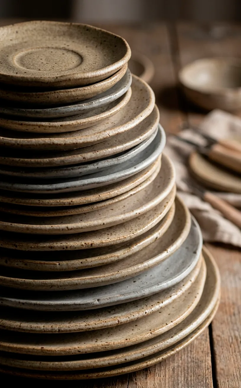 Stacked irregular stoneware plates in neutral matte colors for a minimalist table.