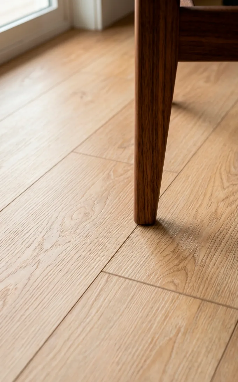 Detailed view of white oak vinyl floor planks showing realistic wood grain texture.