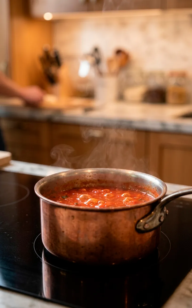 Copper saucepan simmering red sauce on a cooktop with a professional aesthetic.
