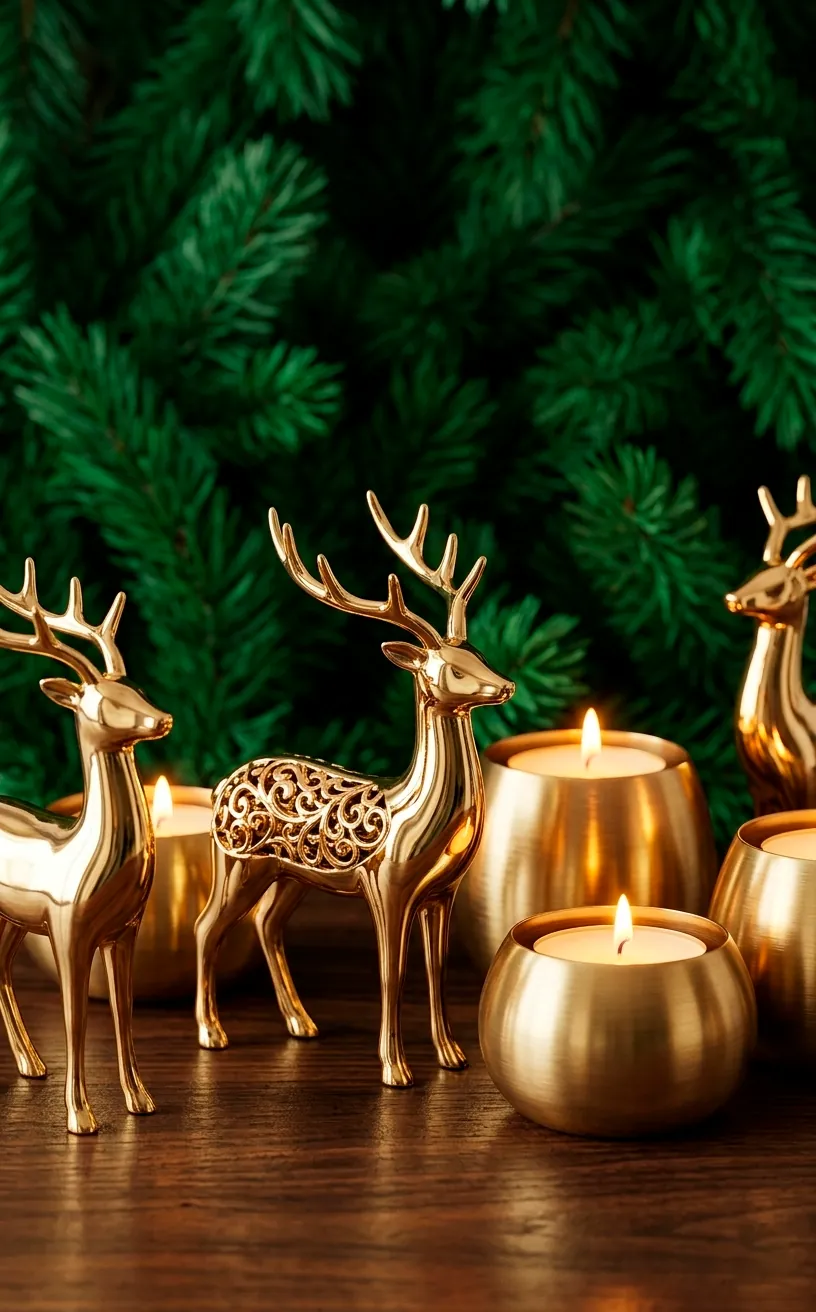 Gold reindeer figurines and brass candle holders on a dark wood table.