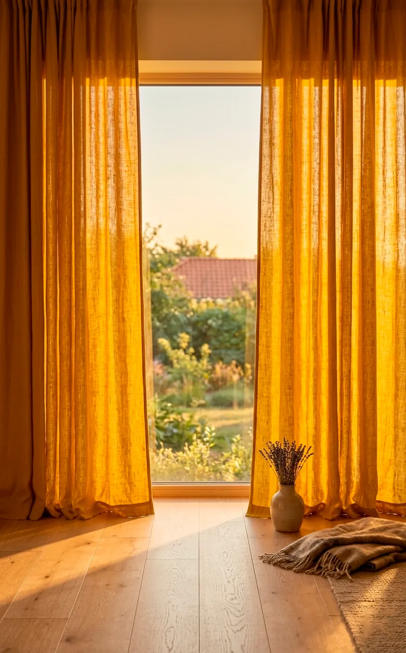 Mustard yellow linen curtains hanging in a bright room with golden sunlight filtering through.
