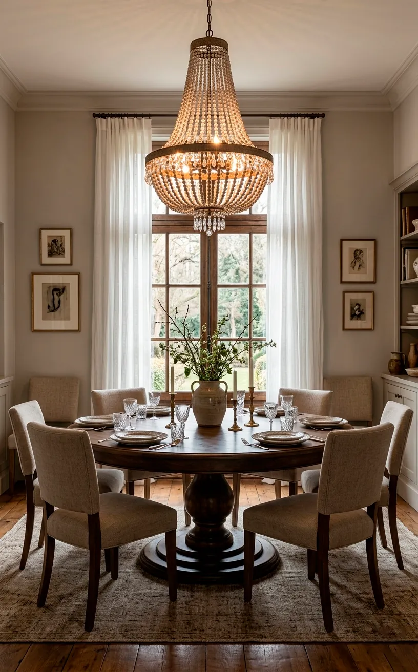 A warm farmhouse dining room with Edgecomb Gray walls and a round wooden table.