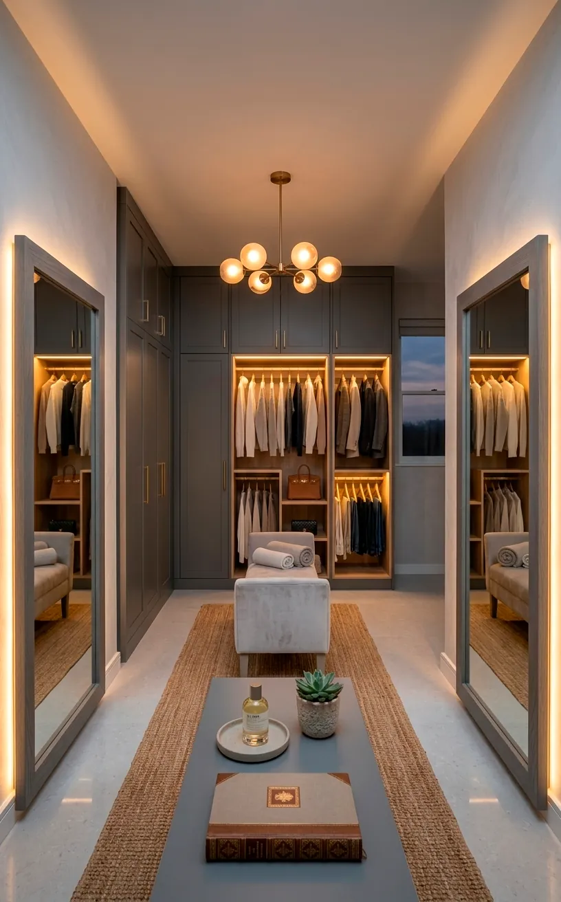 Dressing room with warm ambient lighting and dove grey interior design.