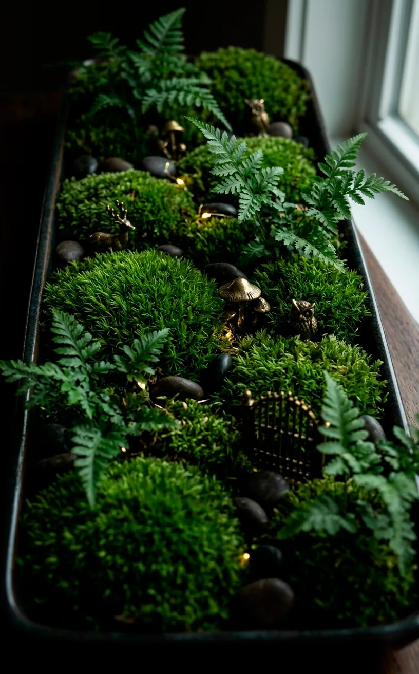 Preserved moss and fern centerpiece on a dark dining table.