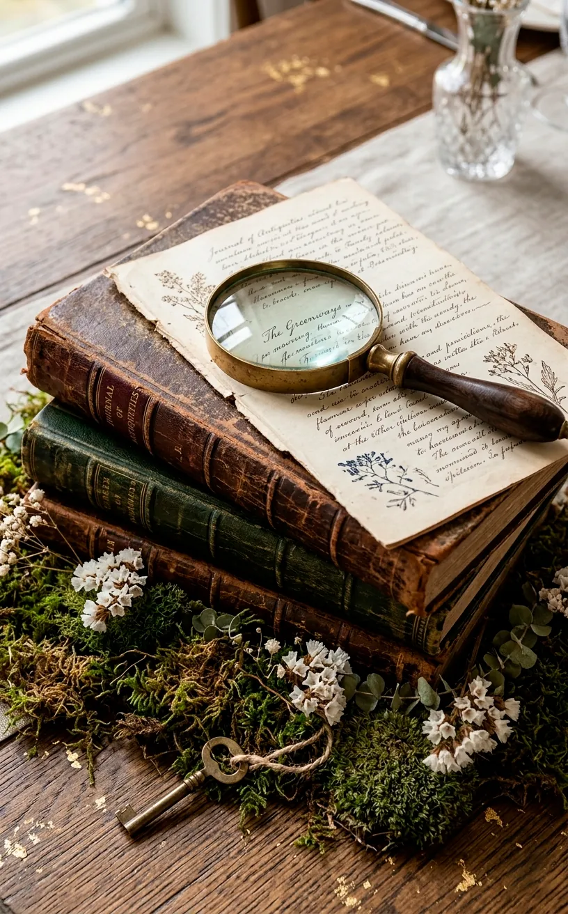 A wedding centerpiece featuring stacked vintage books, a magnifying glass, and green moss.