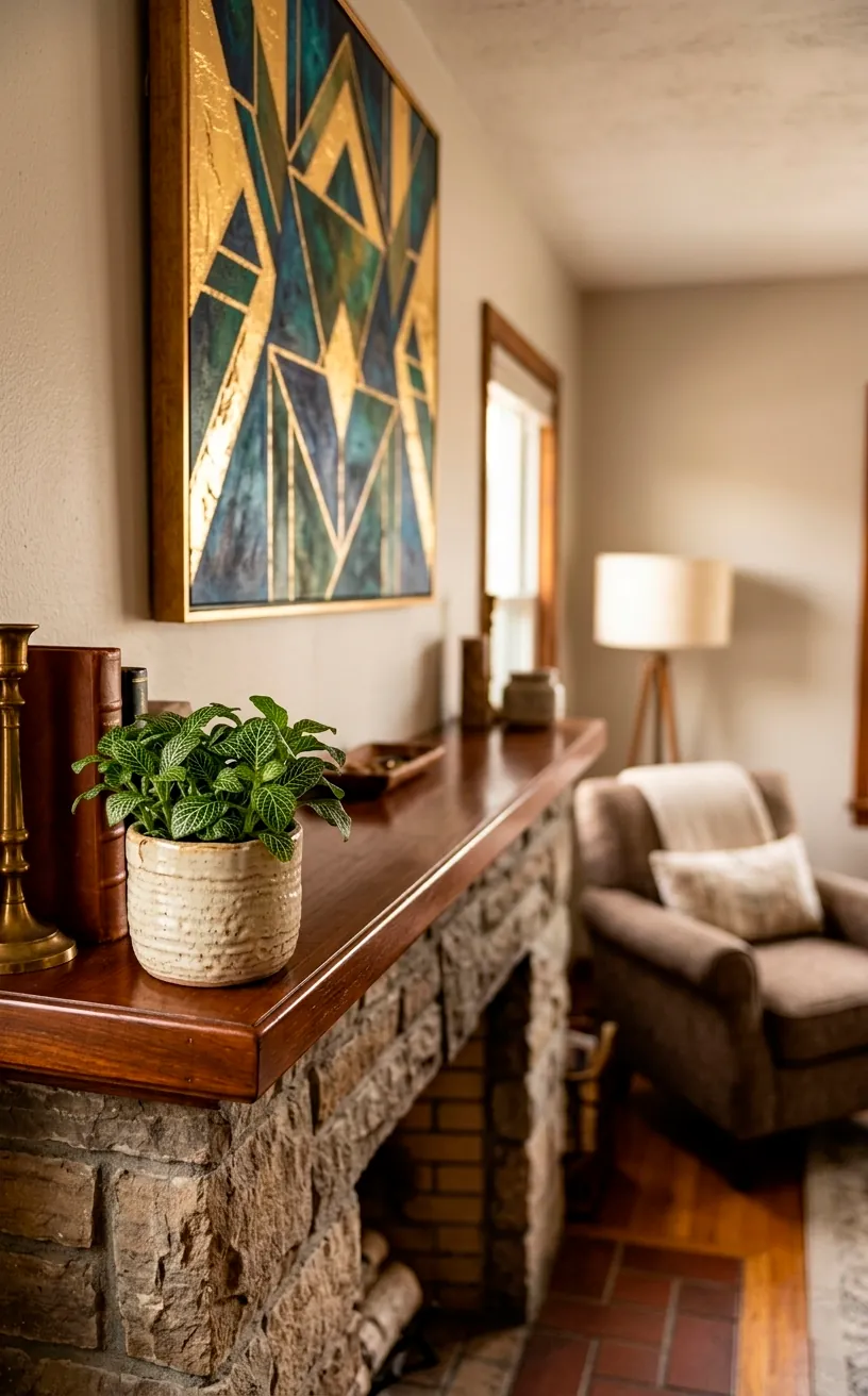 Side view of a geometric painting and a potted plant on a wooden mantel.