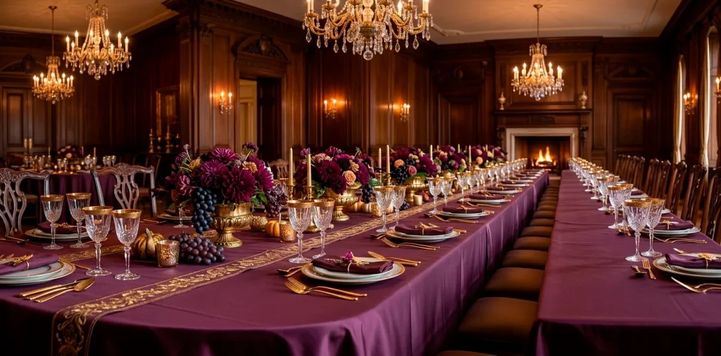 Luxurious Thanksgiving table setting with deep plum silk and ornate gold accents in a moody room.