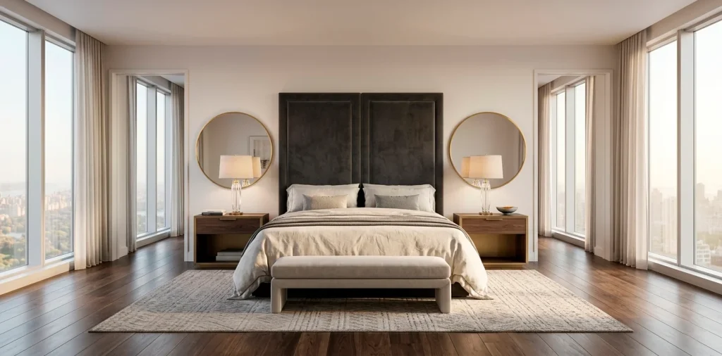 Wide panoramic shot of a luxurious symmetrical bedroom with gold accents and mirrored walls.