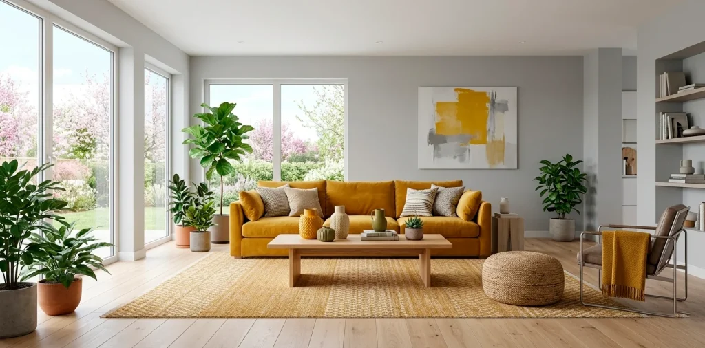 Bright spring living room with sunny mustard yellow accents, velvet textures, and natural light interior design.