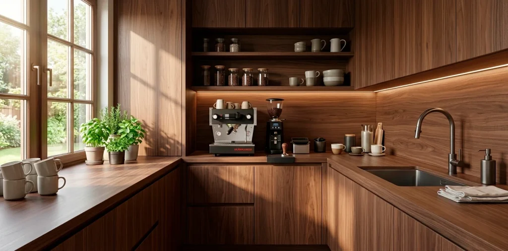 Luxurious dark walnut coffee bar station with premium espresso machine and warm morning light.