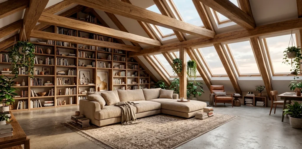 Luxurious eco-friendly attic loft featuring reclaimed wood beams and sustainable interior design.