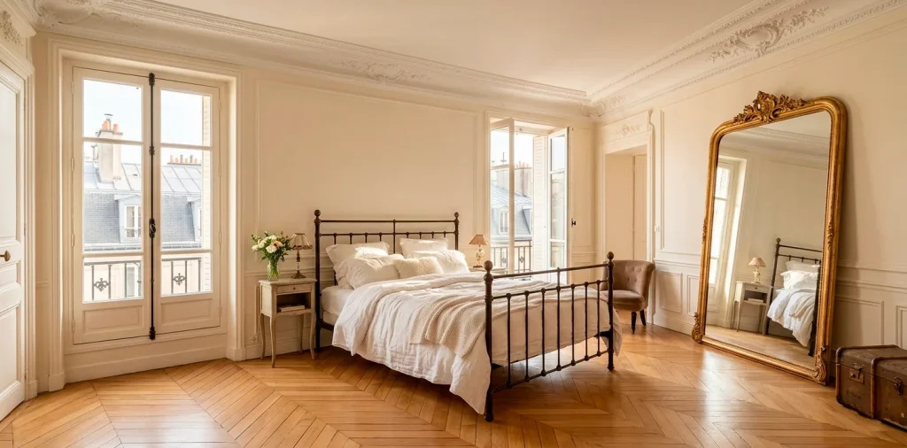 Luxurious Parisian guest room with high ceilings, gilded mirror, and elegant white bedding.