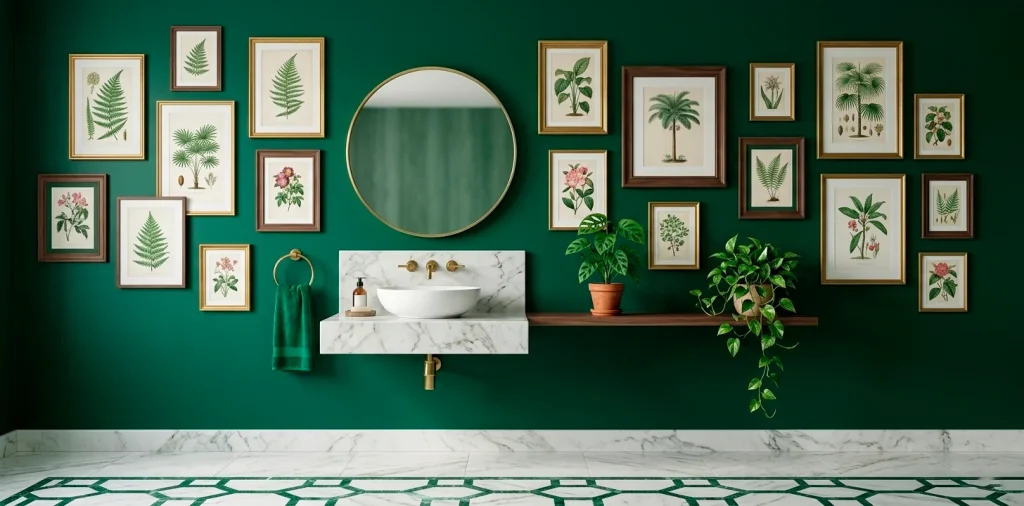 Wide view of a luxury green powder room with a botanical gallery wall and marble vanity.