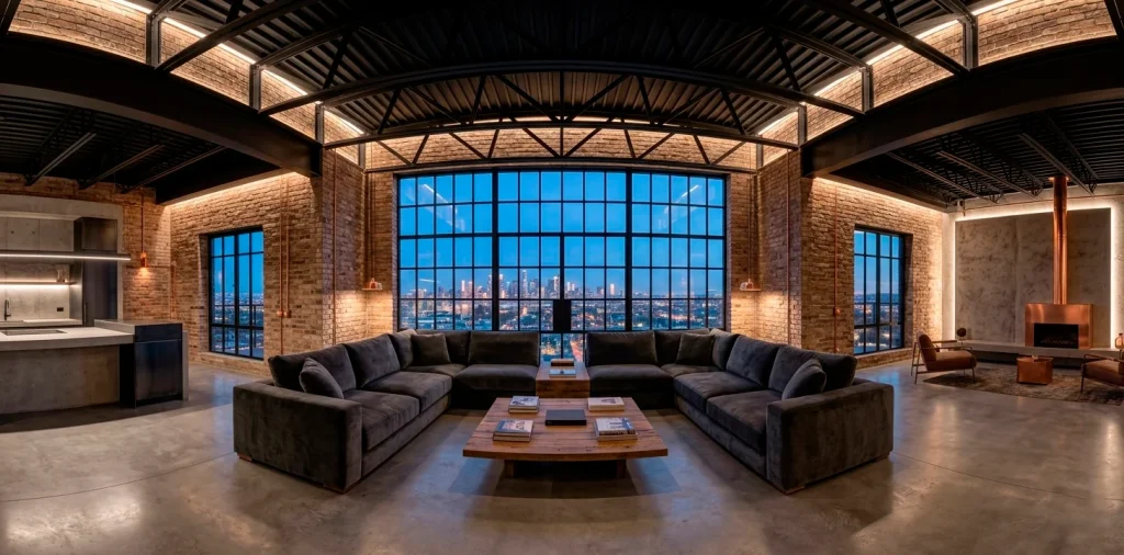 Luxurious 2026 Neo-Industrial living room with steel windows, concrete floors, and velvet furniture.