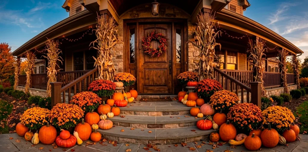 Grand fall porch with deep orange pumpkins, burnt orange mums, and a festive bittersweet wreath.