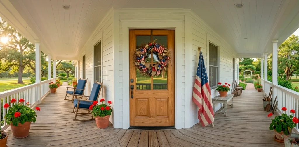 Rustic Memorial Day wreath on a farmhouse porch with red flowers and patriotic decor.