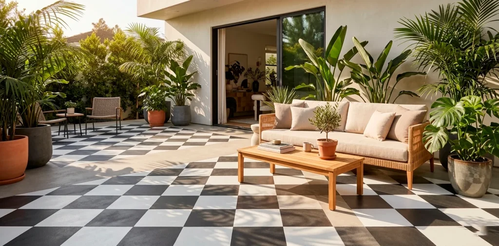 A wide horizontal shot of a modern concrete patio with a bold black and white painted checkerboard pattern.