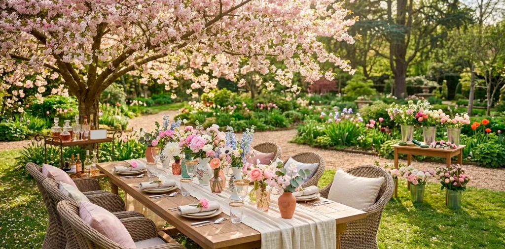 Luxurious Mother's Day garden party setup with a long decorated table under blossoming trees.