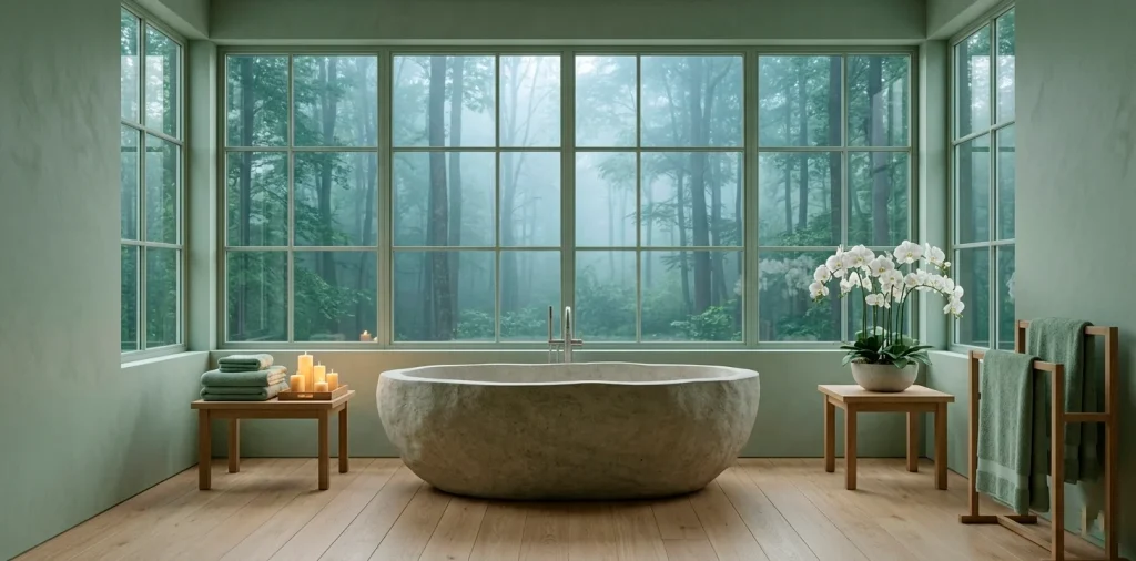Wide panoramic master bathroom with sage green walls, stone tub, and serene forest views for a spa vibe.