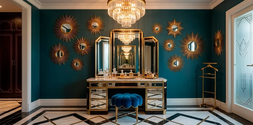Luxurious Art Deco dressing room with mirrored vanity, gold accents, and geometric marble flooring.