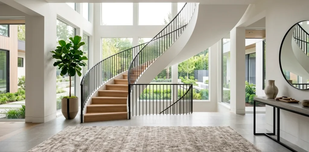 Wide landscape view of a modern luxury staircase with oak wood and matte black iron railings.