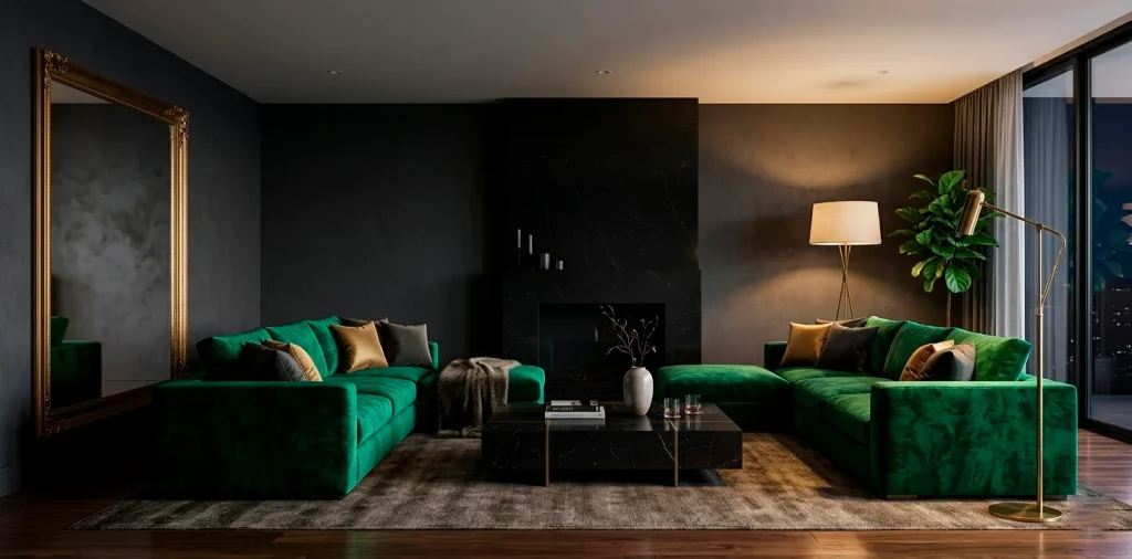 A wide panoramic view of a luxurious emerald velvet sectional sofa in a moody modern living room.