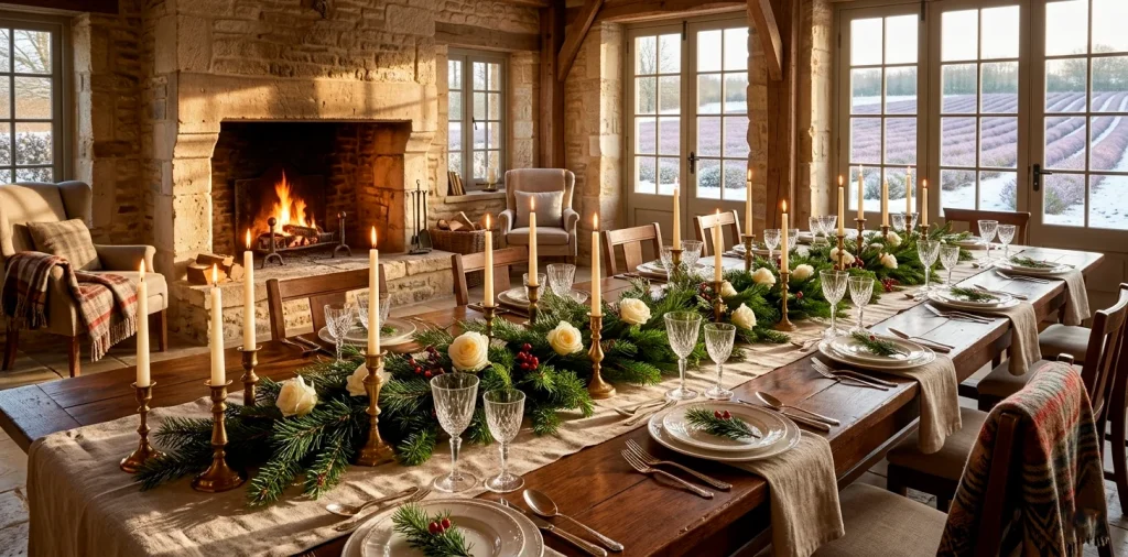 Wide view of a rustic French country holiday table with linen runners and brass candles in a cozy cottage.
