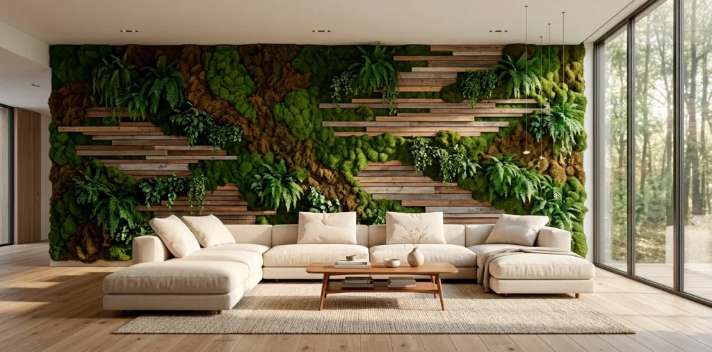 A wide panoramic view of a modern living room featuring a large-scale biophilic moss and wood wall art installation.