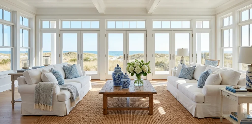 A luxurious and airy Coastal Grandmother style living room with white linen furniture and ocean views.