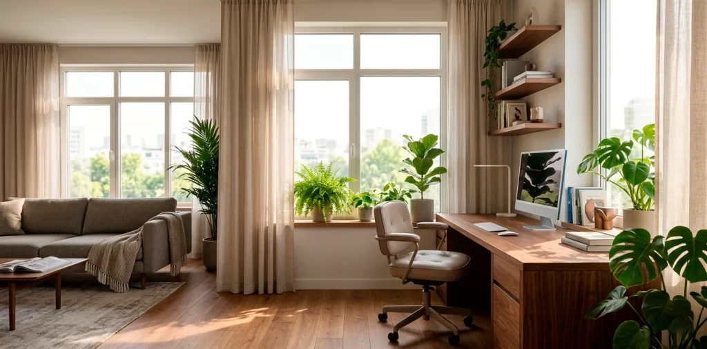 Wide shot of a modern apartment featuring a space-saving study zone with a walnut desk and plants in 2026.